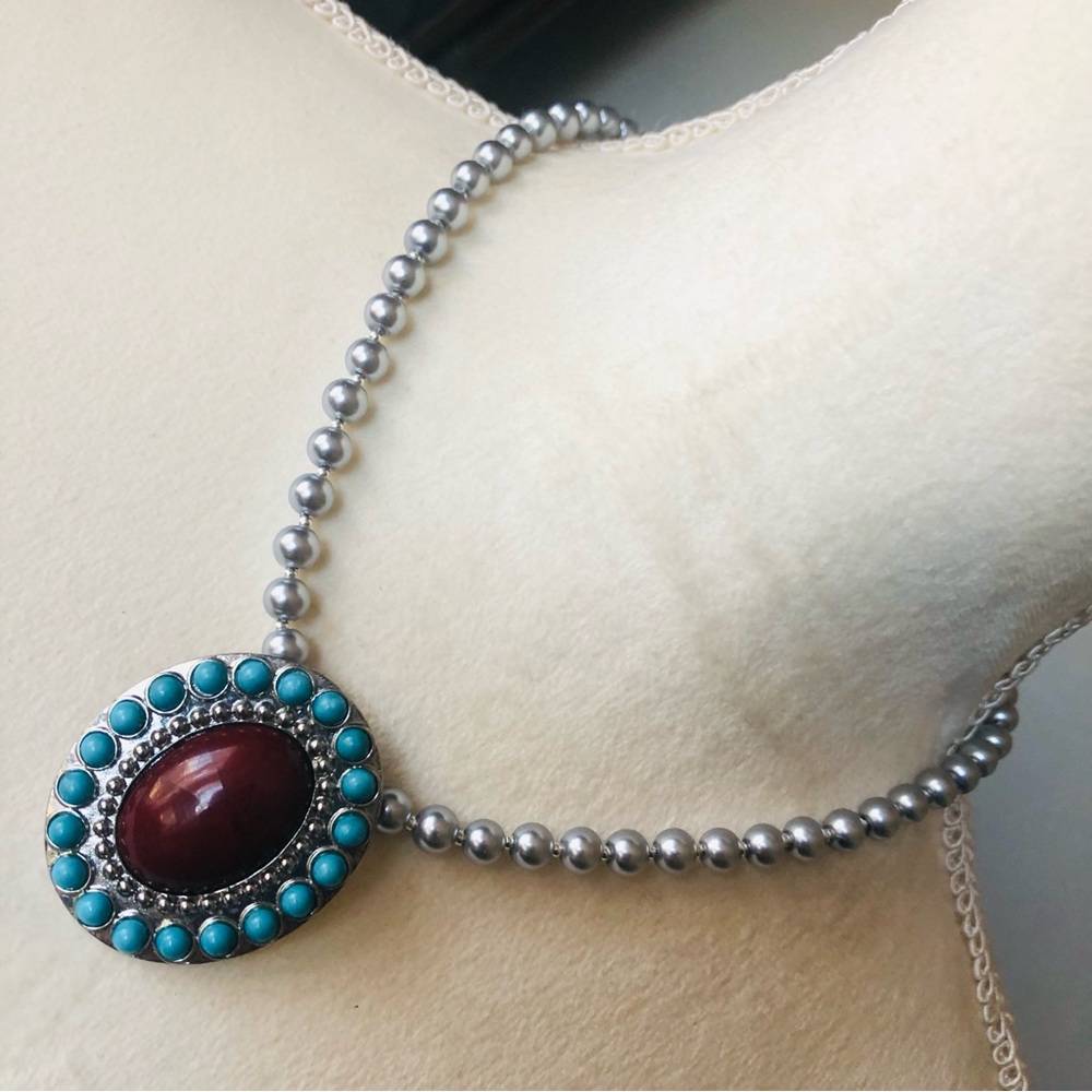 Handcrafted repurpose vintage southwest pendant Czech glass Pearl necklace